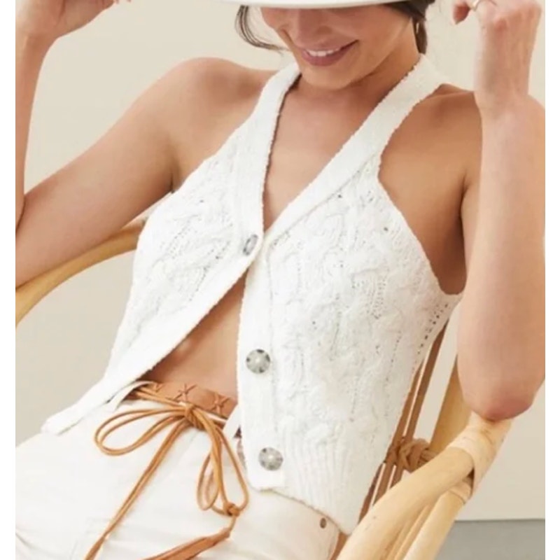 Pilcro Anthropologie Cable Knit Sleeveless Sweater Vest Ivory White Small