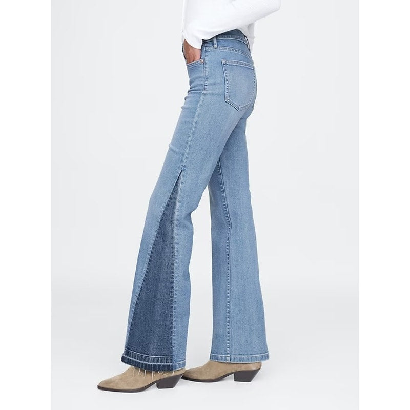 Gap High Rise Patched '70s Flare Bell Bottom Jeans Light Indigo Blue 8 Tall