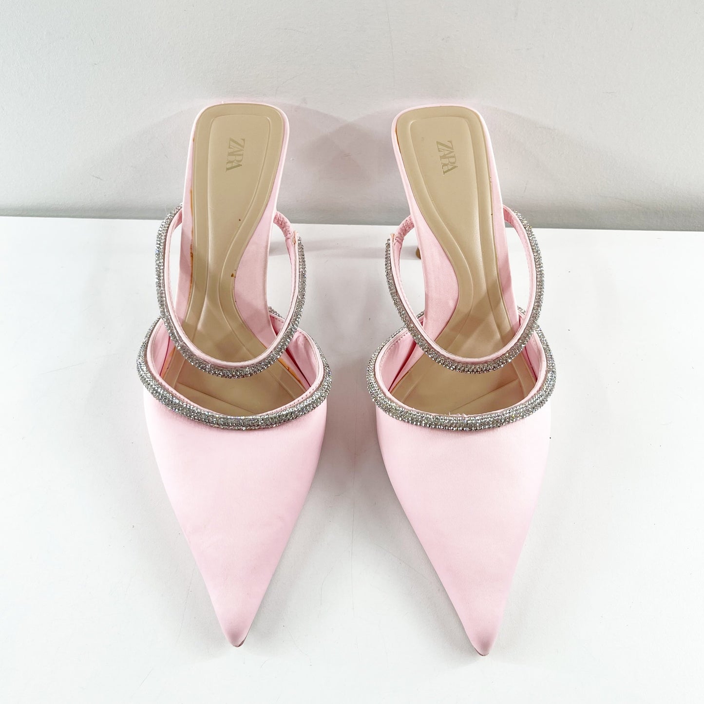 ZARA Pointed Toe Rhinestone Trim Mule Kitten Heel Shoes Pink 40 / 10
