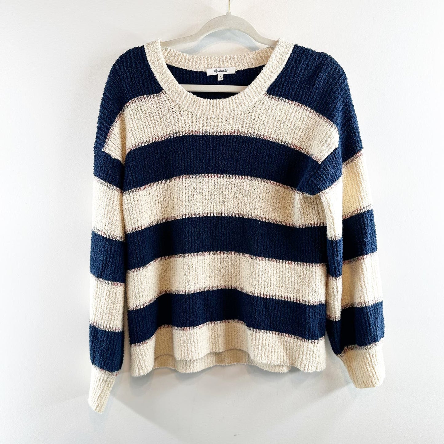 Madewell Striped Crewneck Lakeville Pullover Sweater Navy Blue Cream Small
