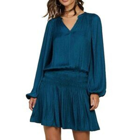 Current Air Long Sleeve Smocked Waist V Neck Satin Mini Dress Teal Medium