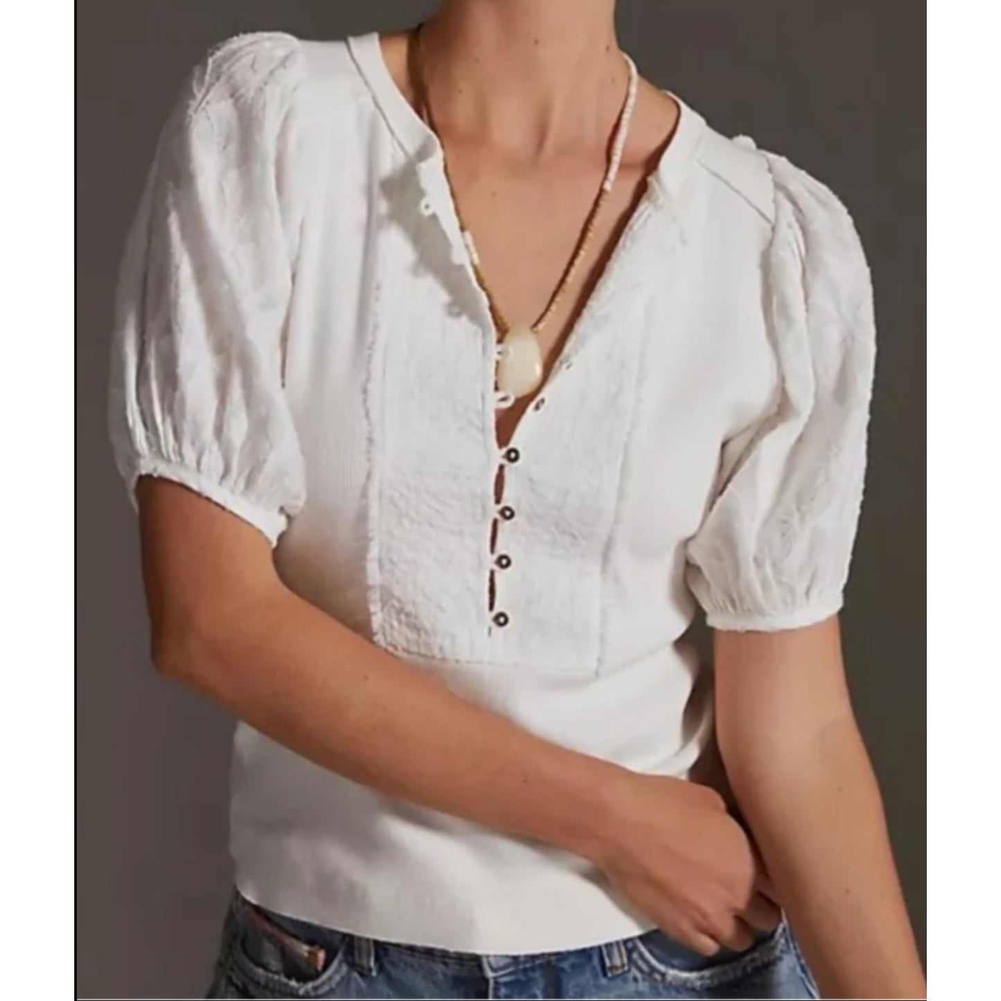 Pilcro Anthropologie Short Puff Sleeve Henley Ribbed Top White Medium