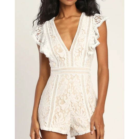 Lulus All The Attraction Lace Short Sleeve Romper White Large