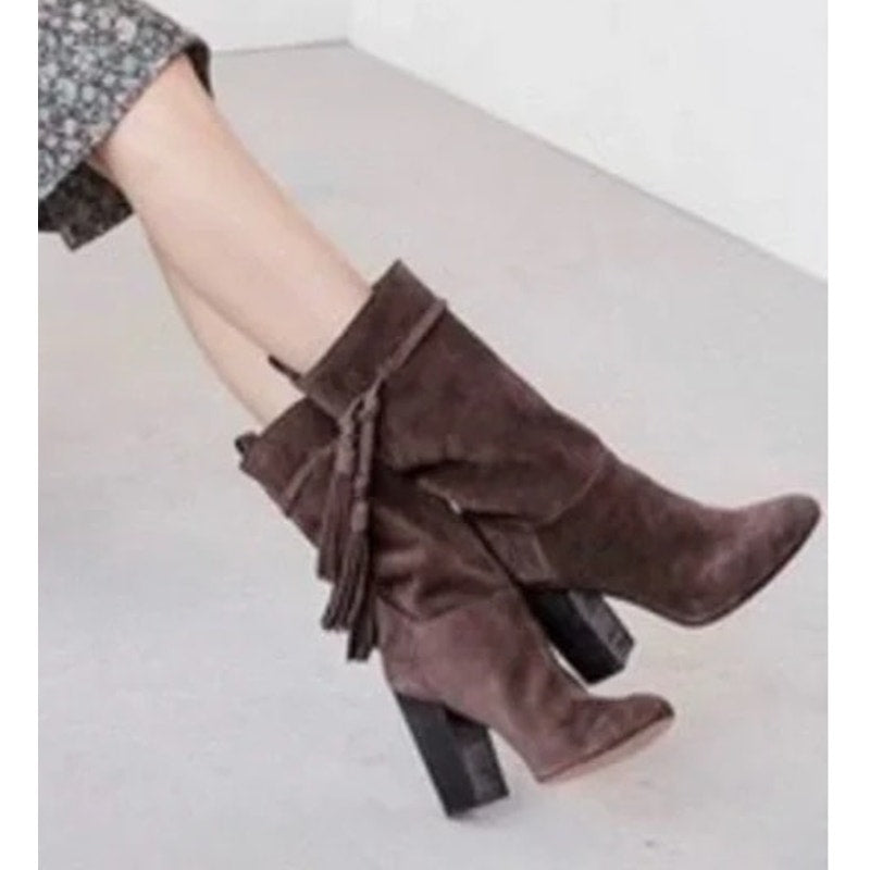 Vince Camuto Fermel Slouch Suede Leather Tassel Mid Calf Boots Brown 7.5