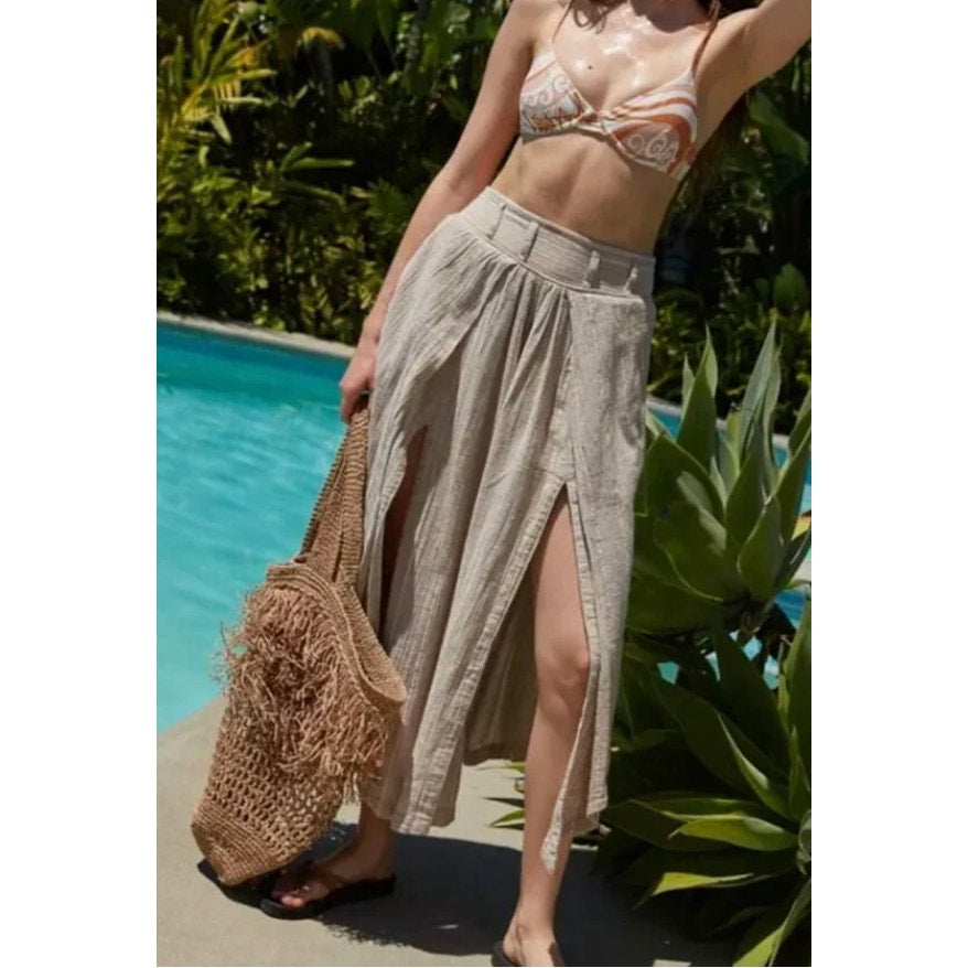 Free People Lunar Cover Wide Leg Slit Cropped Beach Pants in Sand Combo Tan XS