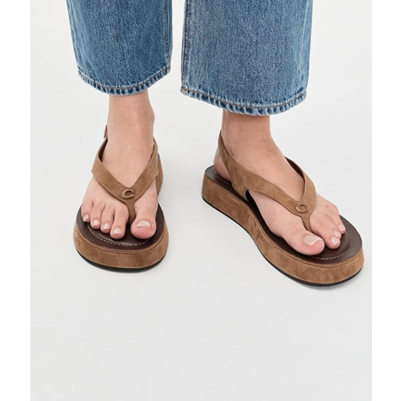 Coach Sculpted C Platform Suede Thong Sandals Coconut Tan Brown 6.5