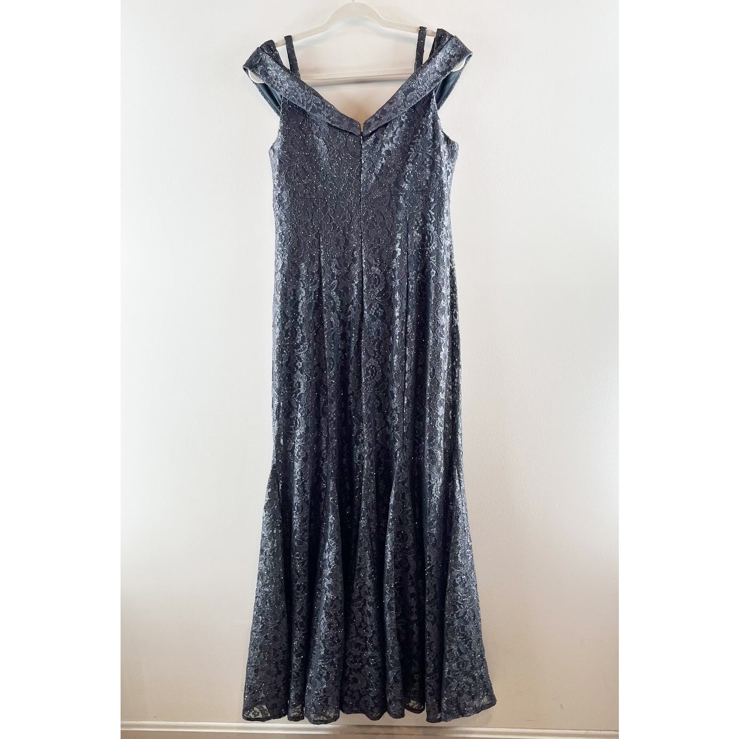 R&M Richards Off The Shoulder Lace Maxi Dress Gown Navy Blue 14