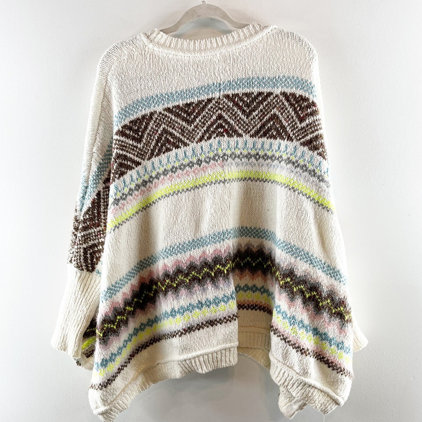 Anthropologie Fair Isle Printed Long Sleeve Crewneck Swing Poncho Sweater White