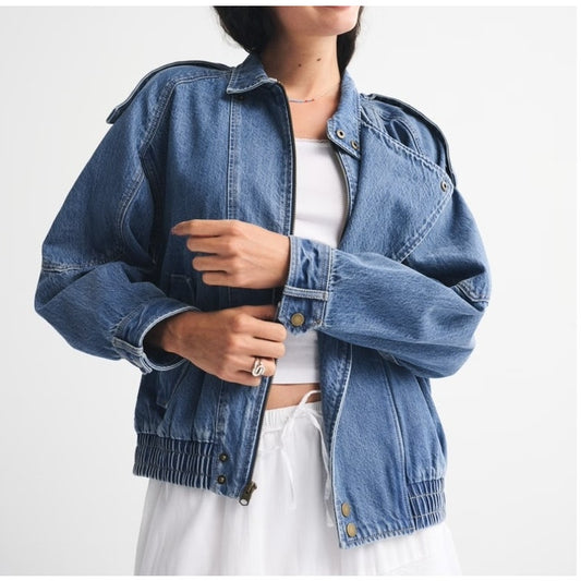 Abercrombie Relaxed Denim Bomber Jacket Medium Wash Blue Small