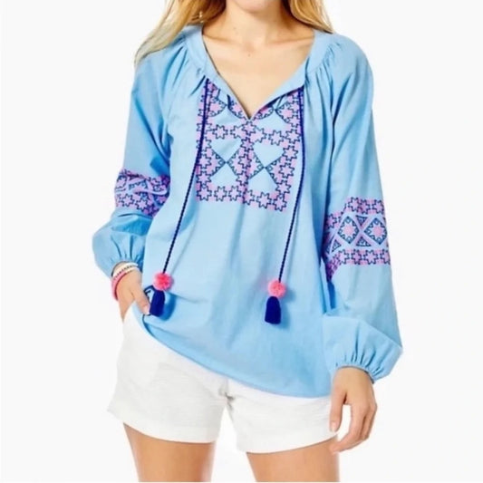 Lilly Pulitzer Cecile Embroidered Long Sleeve Tassel Drawstring Top Blue XL