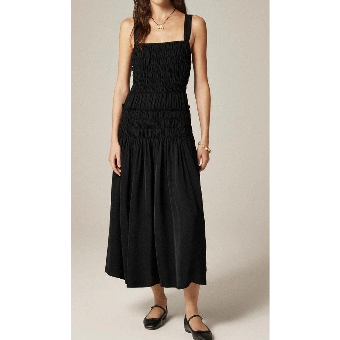 J. Crew Sleeveless Square Neck Smocked Midi Dress Black Medium