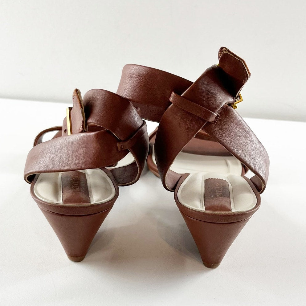Franco Sarto Savini Ankle Strap Leather Square Toe Wedge Sandals Brown 9