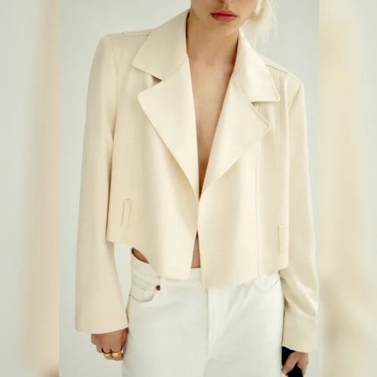 ZARA Cropped Long Sleeve Satin Blazer Jacket Butter Yellow Large