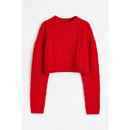 H&M Long Sleeve Cropped Cable Knit Crewneck Jumper Sweater Red Small