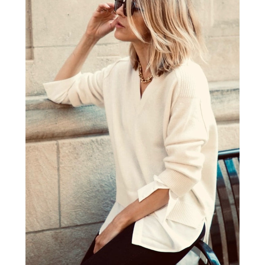 Brochu Walker Looker Long Sleeve Collared V-Neck Sweater Almond Cream Small