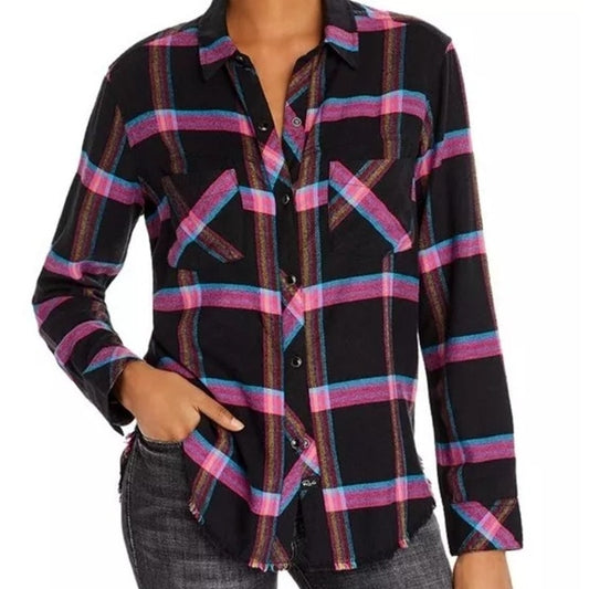 Rails Leo Long Sleeve Plaid Flannel Button Up Shirt Top Onyx Magenta Cayenne S