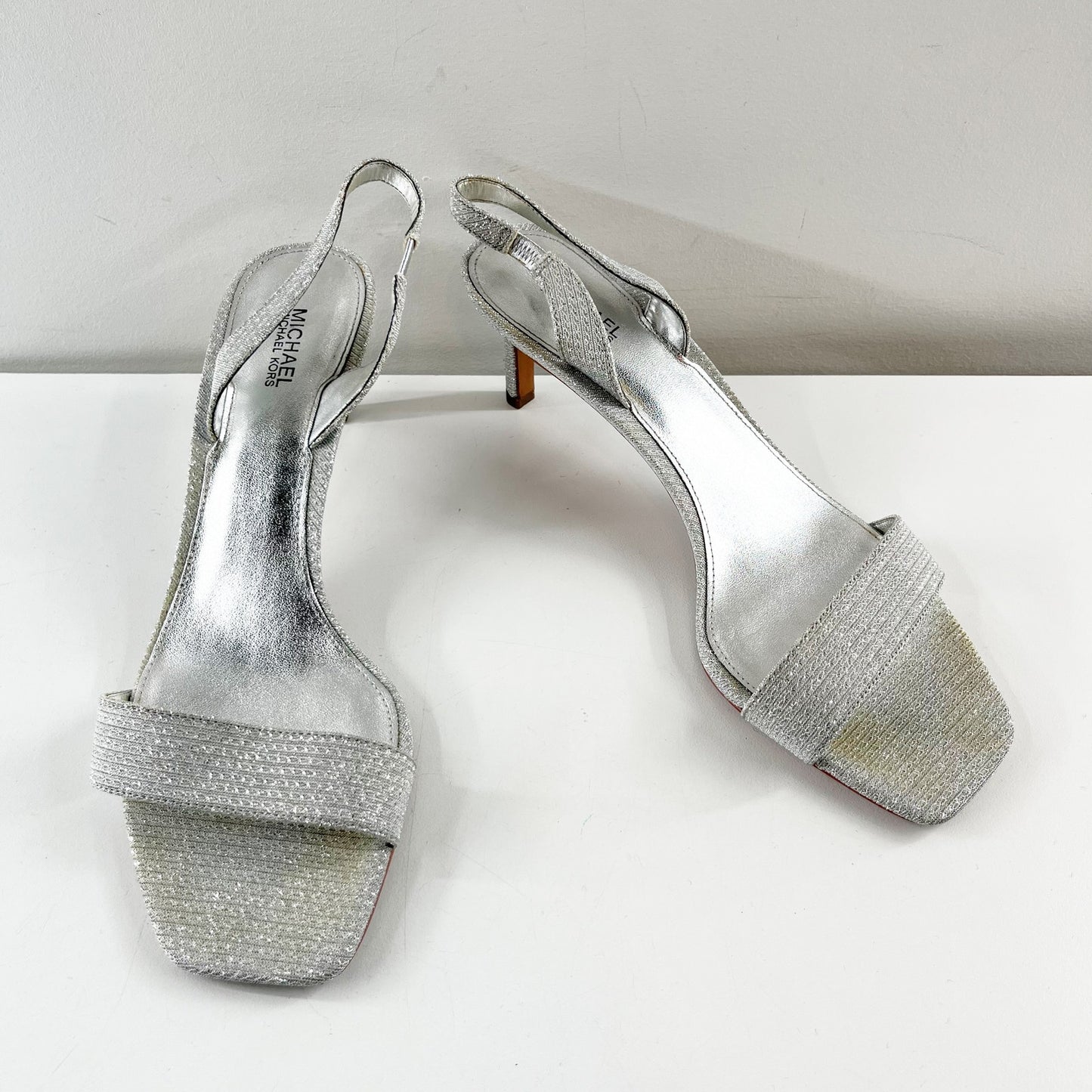 Michael Kors Pixie Fine Glitter Mila Slingback Kitten Heel Sandals Silver 9.5