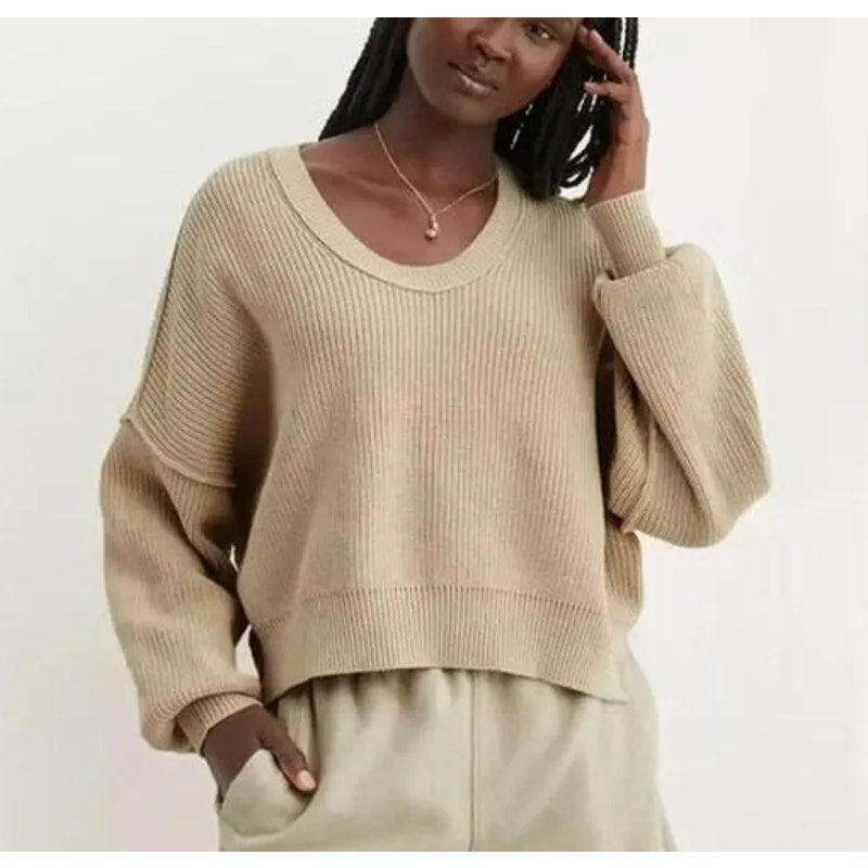 Aerie Beyond Ribbed Long Sleeve Cropped Scoopneck Sweater Tan Beige Medium