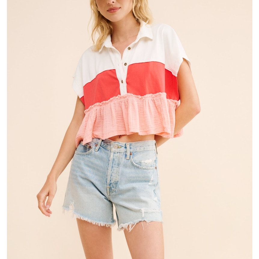 Pilcro Anthropologie Bonfire Rugby Collared Short Sleeve Peplum Top White XS