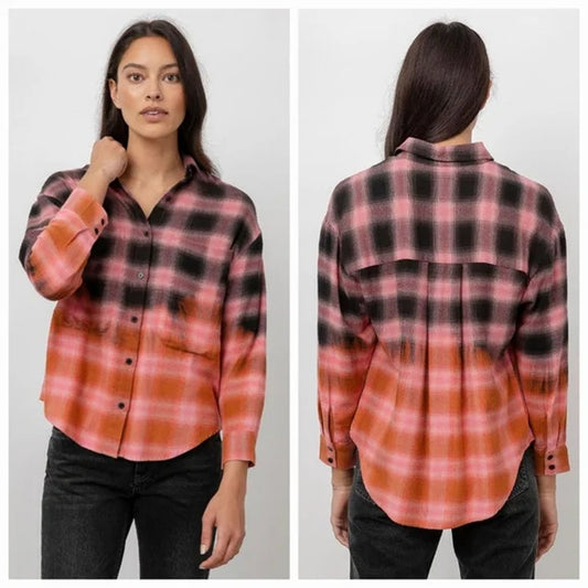 Rails Tierra Plaid Long Sleeve Button-Front Shirt In Pink Orange Dip Dye Small