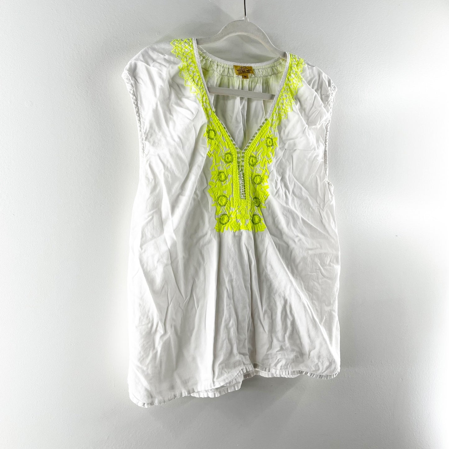 Roberta Roller Rabbit 100% Cotton Embroidered V-Neck Blouse White Green Medium