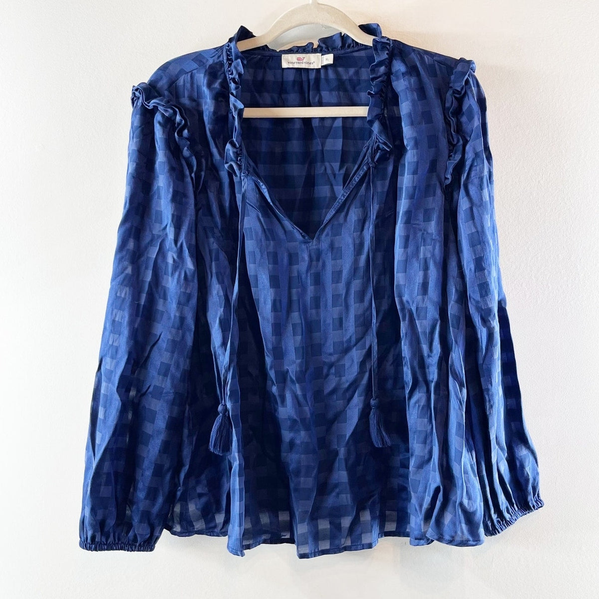 Vineyard Vines Gingham Checkered Long Sleeve Silk Blend Blouse Blue XL