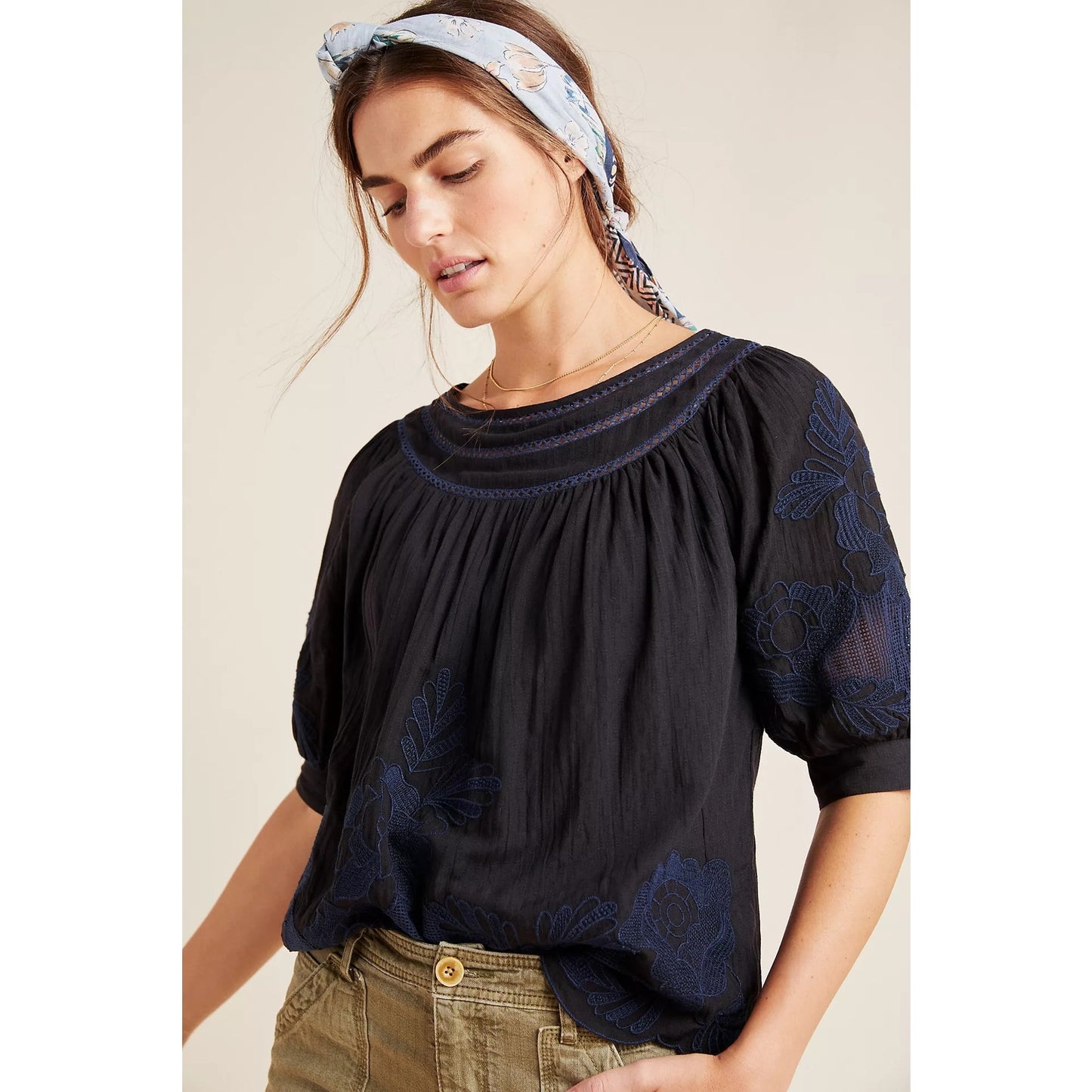 Anthropologie Salma Embroidered Peasant Blouse Navy Blue 0 Petite