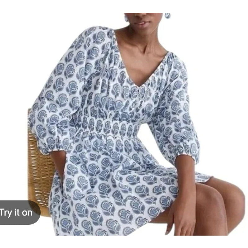 J. Crew 3/4 Sleeve Mini Cotton Dress in Bouquet Block Print Blue White Small