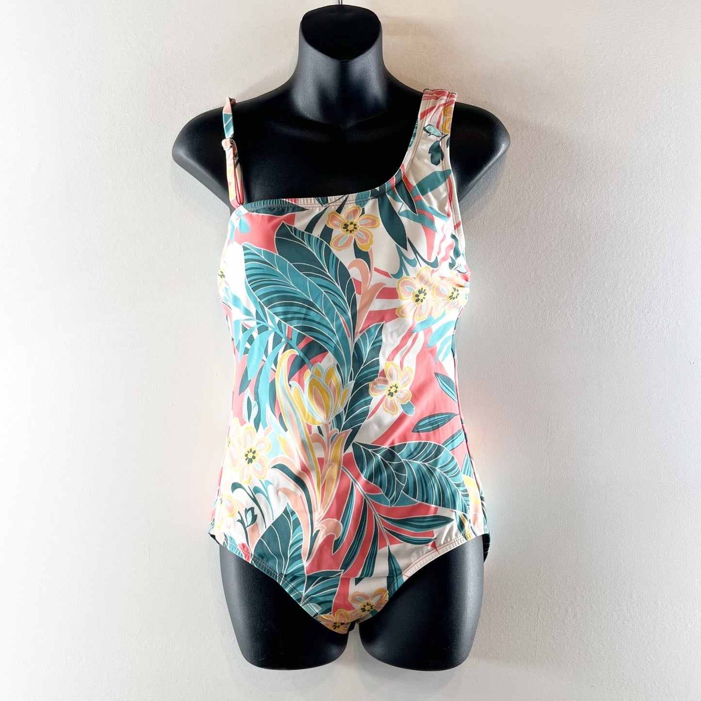 Jantzen Rainforest One Shoulder Tropical Print One Piece Swimsuit Blue 8