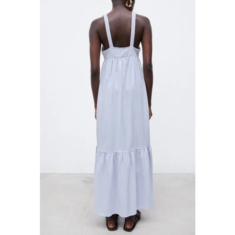 Zara Sleeveless Gathered Front Cotton Tiered Maxi Dress Light Baby Blue Large