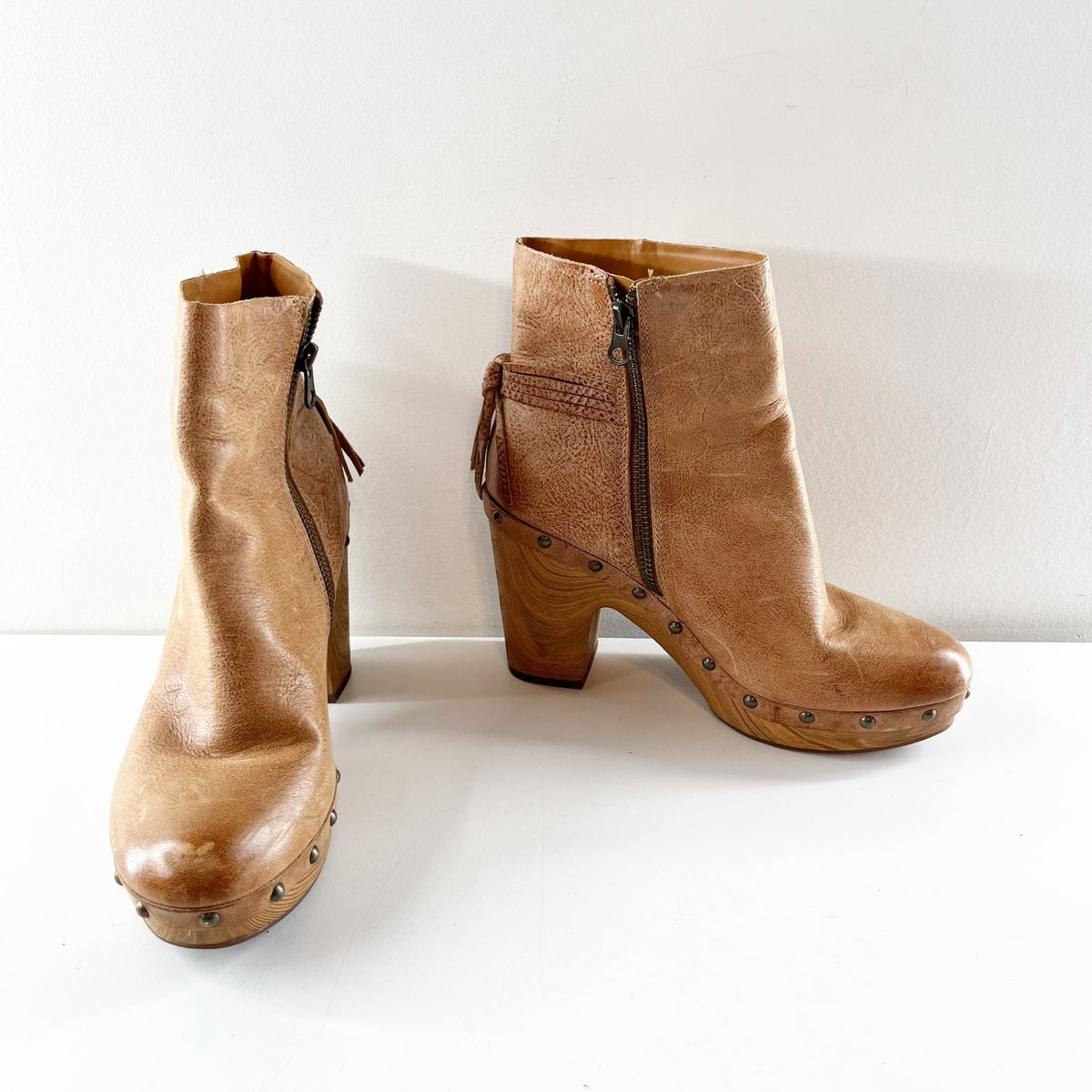 Kork-Ease Dianna Leather Block Heel Ankle Clog Booties Boots Light Brown 8