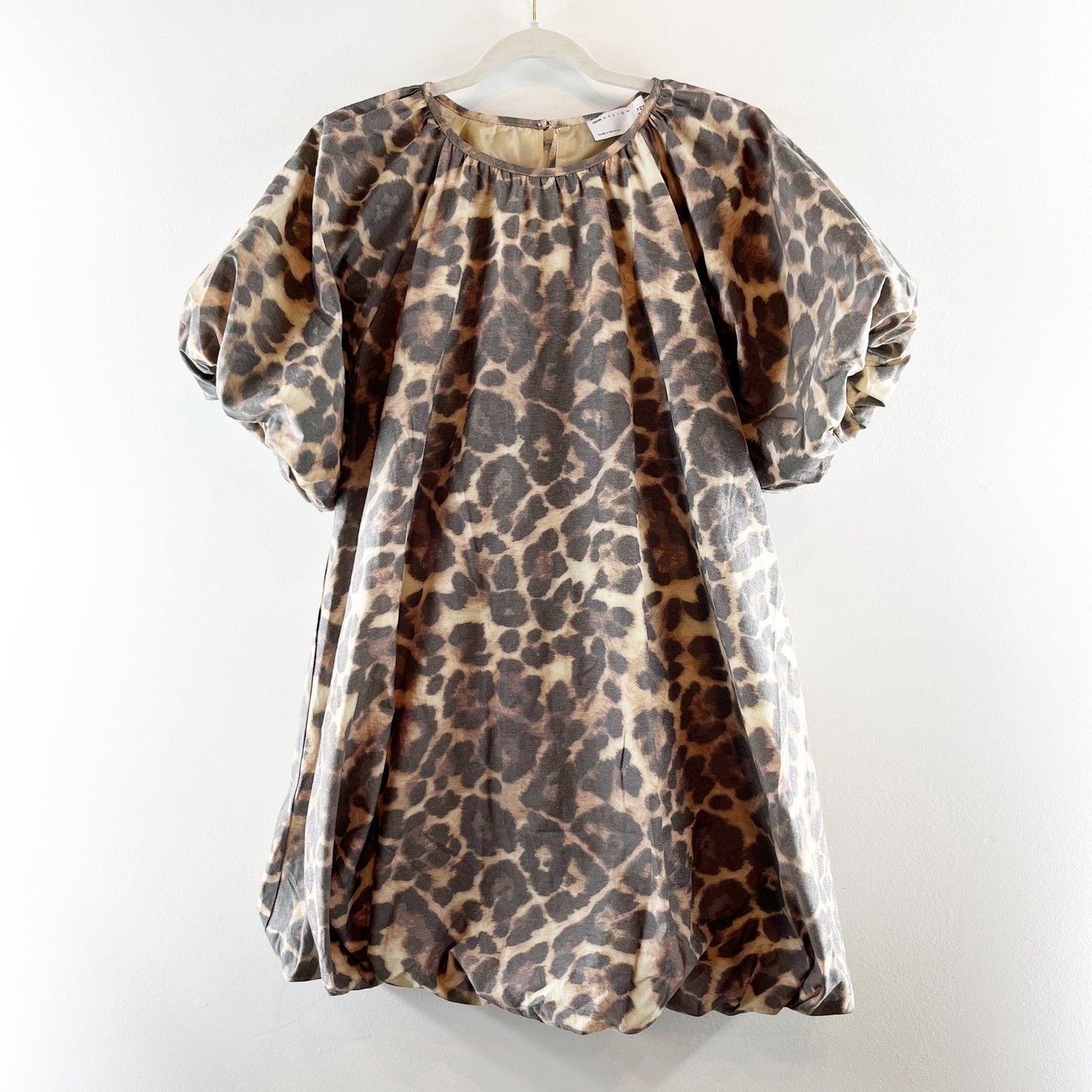 ASOS Leopard Print Puff Sleeve Bubble Hem Mini Dress Tan Black 10