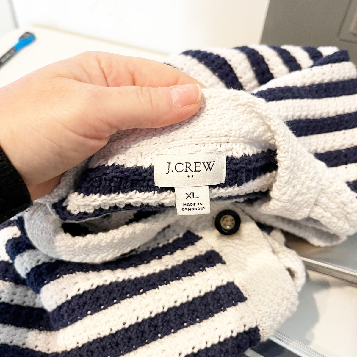J. Crew Striped V-Neck Cardigan Sweater White Blue XL