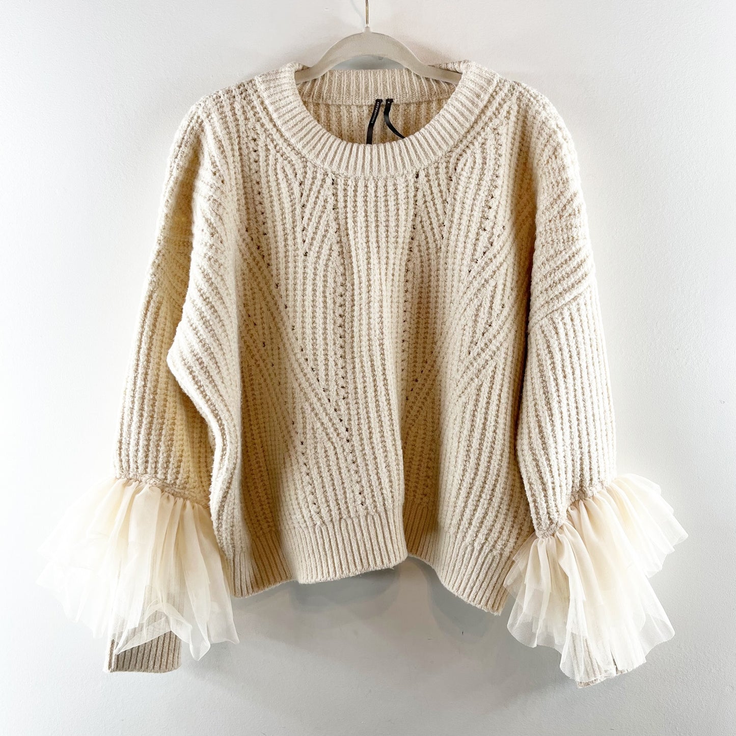 Anthropologie Tulle-Sleeve Pullover Knit Sweater Cream Medium