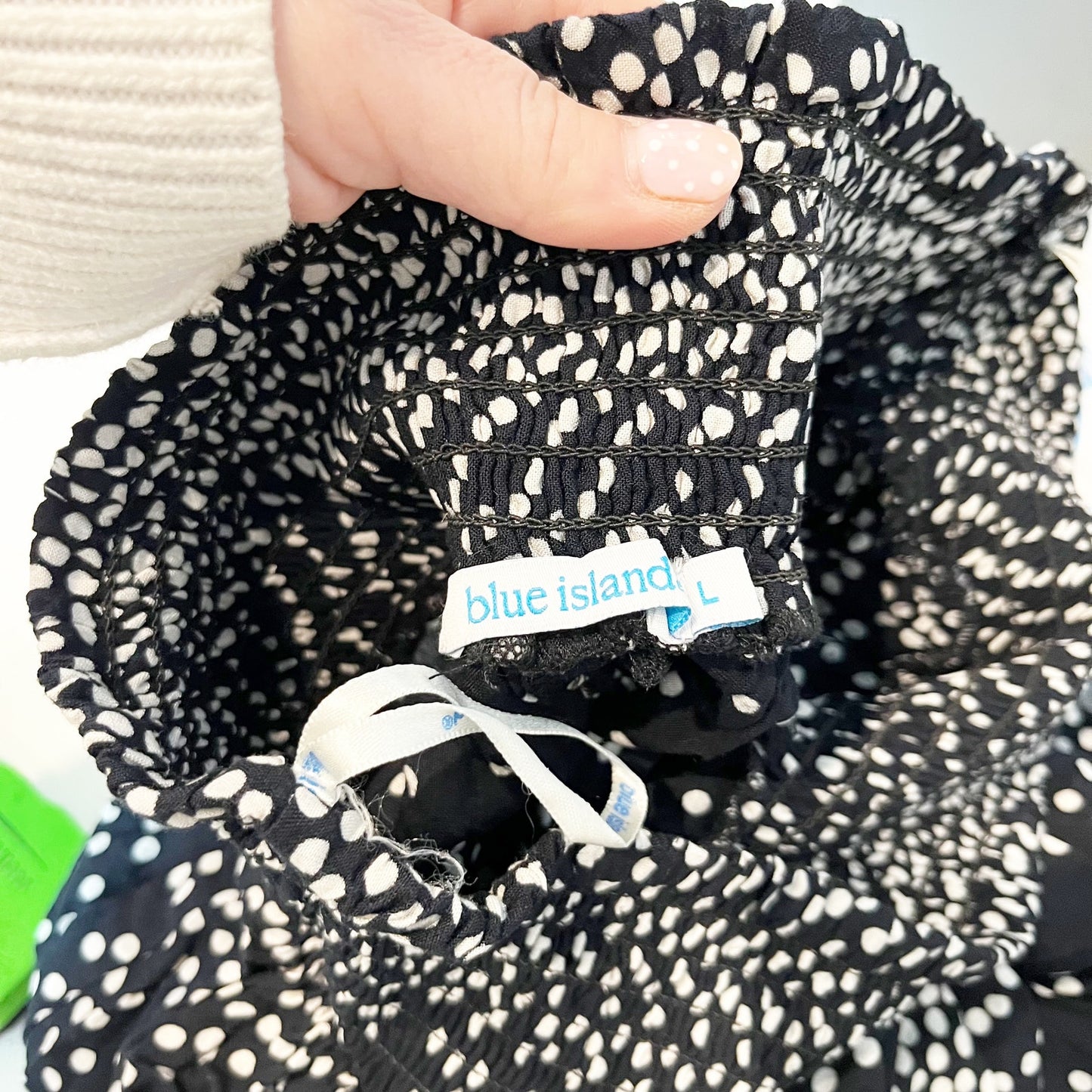 Blue Island Dotted Strapless Smocked Wide Leg Beach Pants Black White Large