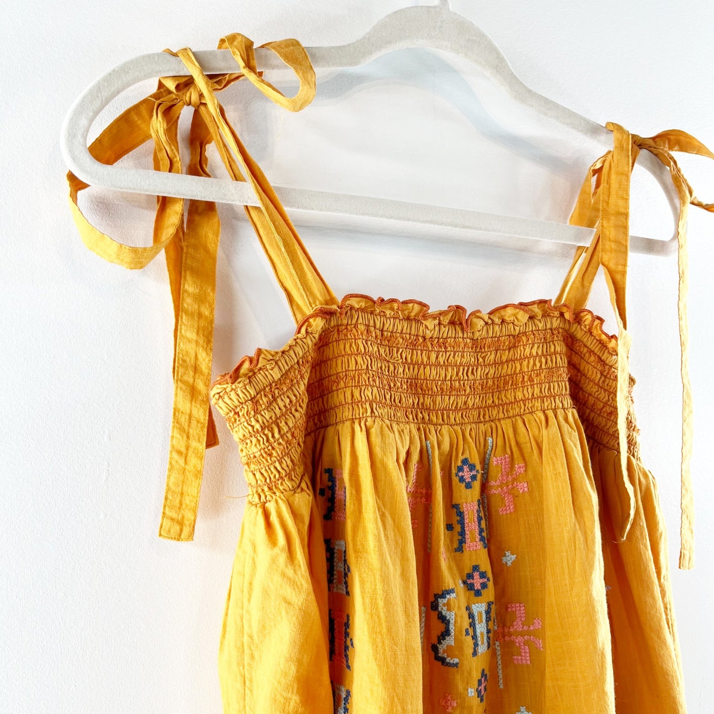 Anthropologie Tie Strap Embroidered Square Neck Tank Top Yellow XS