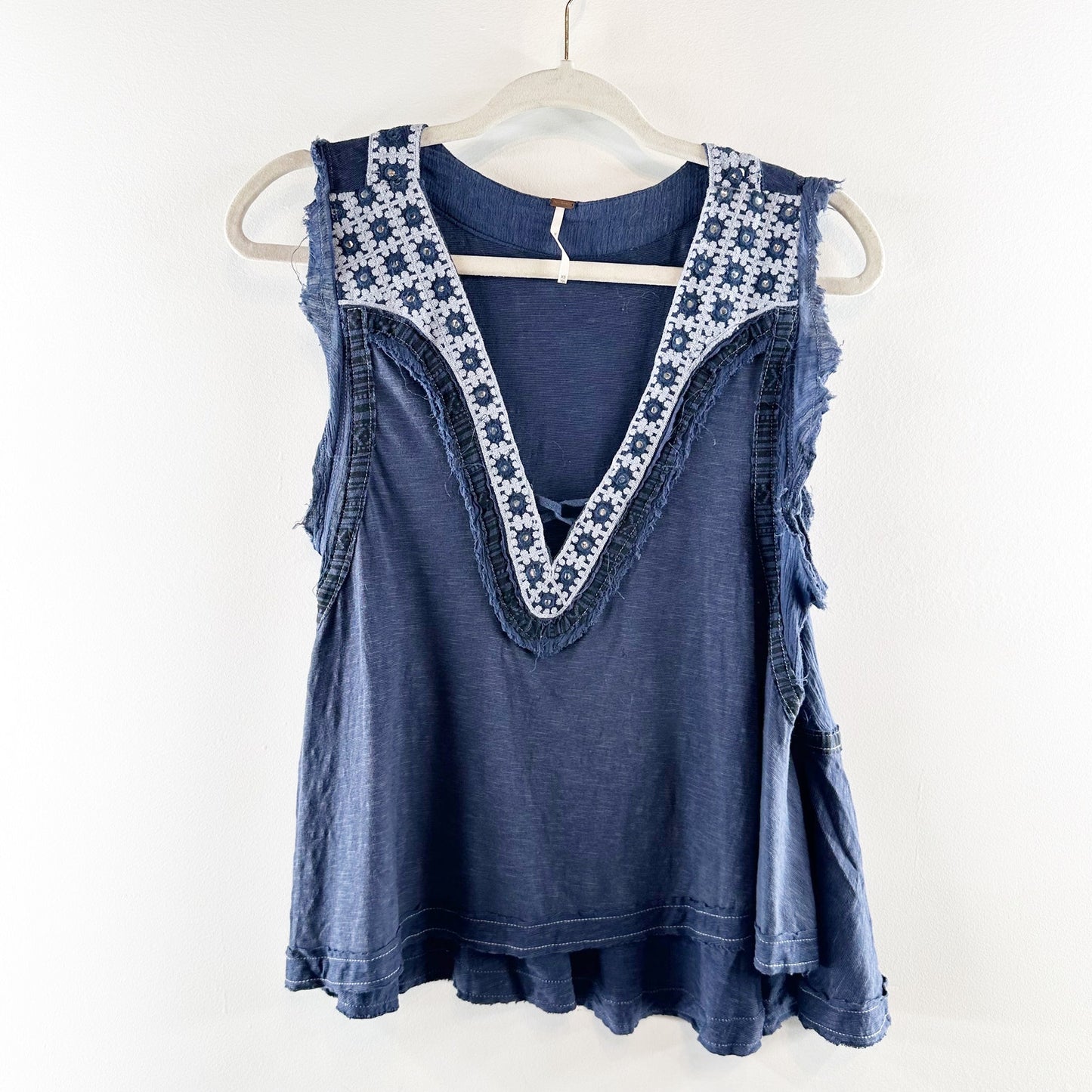 Free People Embroidered Cotton Linen Sleeveless Muscle Tank Top Blue XS