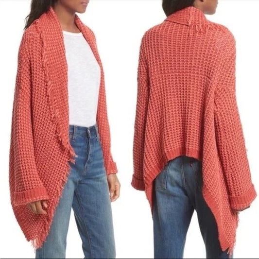 Free People I'll Be Around Chunky Fringe Cardigan Sweater Coral Pink XS