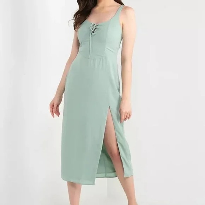 Abercrombie Lace Up Front Corset Slip Midi Dress Green Medium