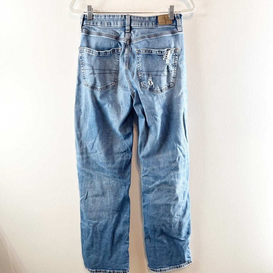 American Eagle High Rise Curvy Straight Leg Distressed Jeans Blue 6 Long