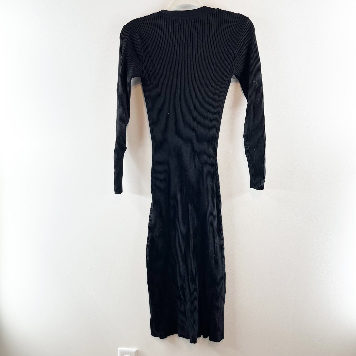 Evereve Ribbed V Neck Button Up Sweater Midi Dress Black XS