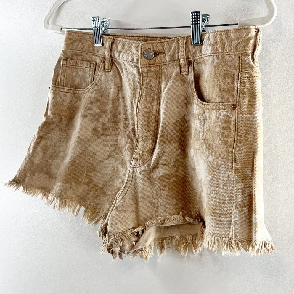 PacSun Sand Tie Dye High Waisted Frayed Denim Festival Shorts Beige Tan 6