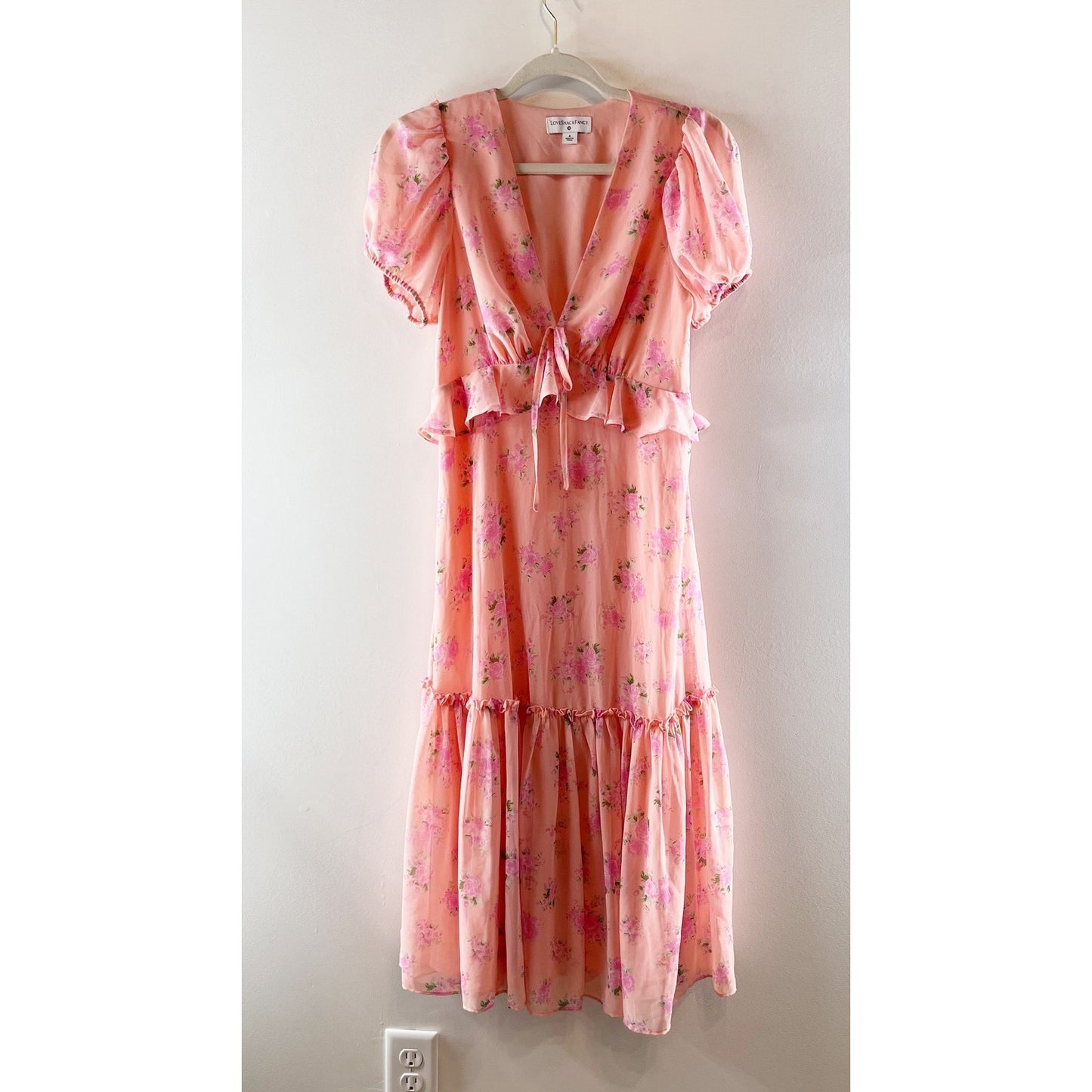 LoveShackFancy x Target Short Sleeve Floral Tiered Ruffle Midi Dress Pink 4