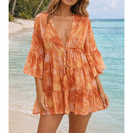 Blue Island Tie Front Tropical Mini Dress Cover Up Orange Medium