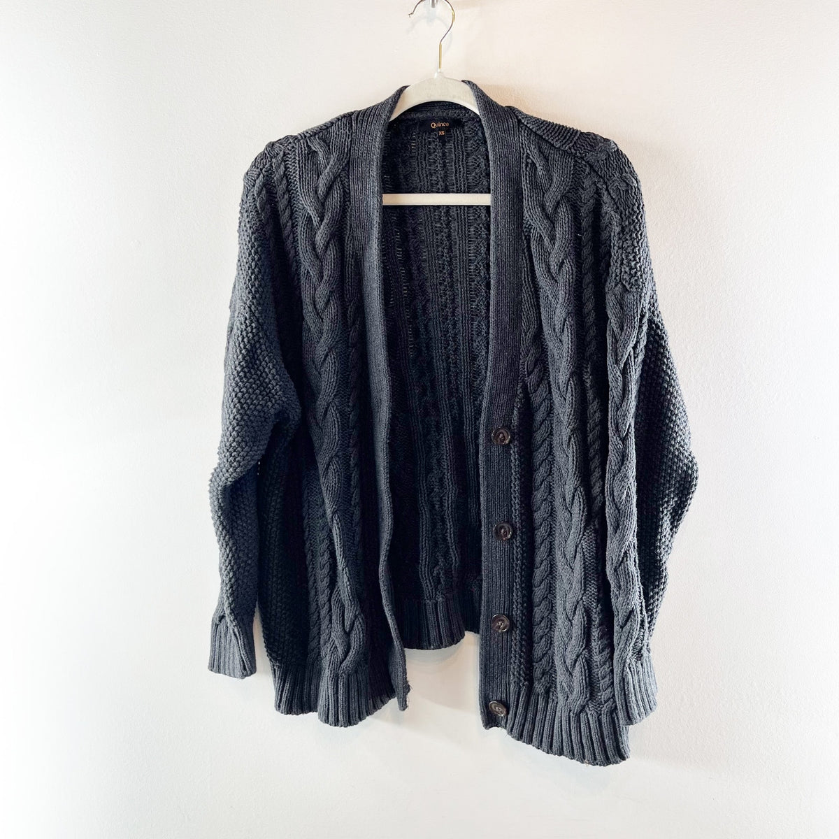 Quince Organic Cotton Oversized Cable Cardigan Sweater Charcoal Gray XS
