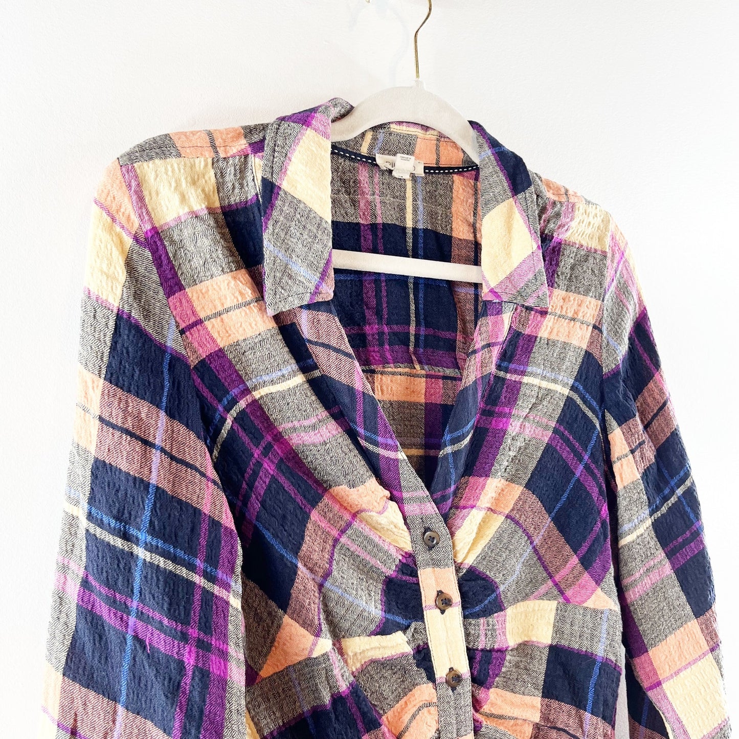 Anthropologie Pilcro Ruched Deep V Plaid Buttondown Shirt Purple Medium