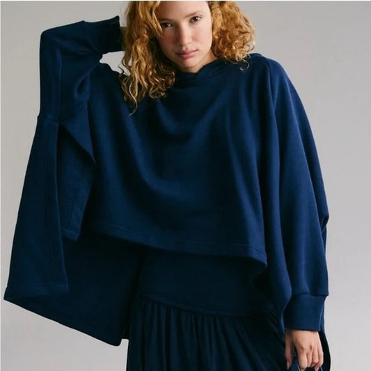 Free People Odessa Long Sleeve Poncho Style Hoodie Sweatshirt Navy Blue M/L