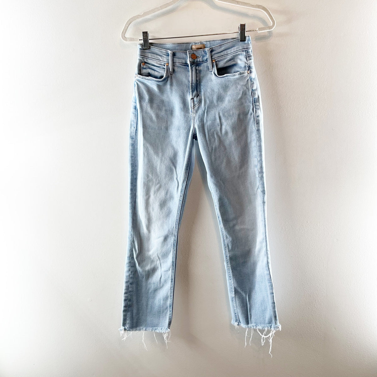 Mother The Mid Rise Dazzler Crop Fray Hem Jeans Sun Kissed Light Wash Blue 25