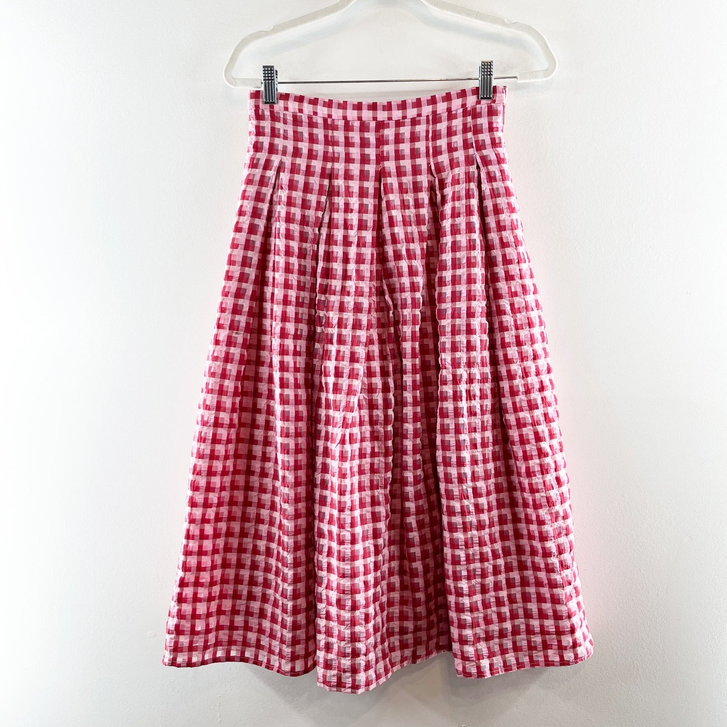 Eva Franco Plaid Full Textured Pleated A-Line Midi Skirt Pink Combo 4