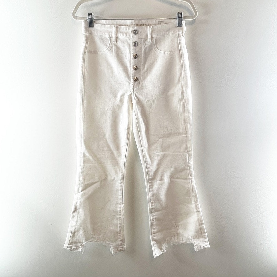 American Eagle Super Hi Rise Crop Flare Chewed Hem Jeans White 29 Short